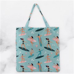 Beach Surfing Surfers With Surfboards Surfer Rides Wave Summer Outdoors Surfboards Seamless Pattern Grocery Tote Bag by Bedest