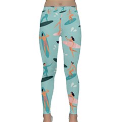 Beach Surfing Surfers With Surfboards Surfer Rides Wave Summer Outdoors Surfboards Seamless Pattern Classic Yoga Leggings by Bedest