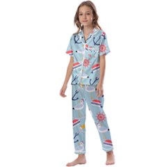 Nautical Marine Symbols Seamless Pattern Kids  Satin Short Sleeve Pajamas Set by Hannah976