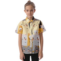 Seamless Pattern Cute Cat Cartoons Kids  Short Sleeve Shirt by Bedest