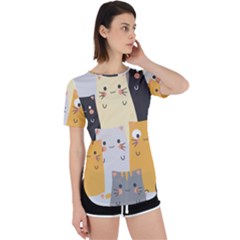 Seamless Pattern Cute Cat Cartoons Perpetual Short Sleeve T-shirt by Bedest