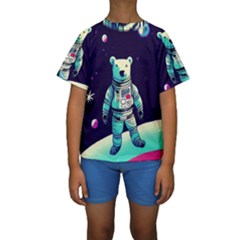 Bear Astronaut Futuristic Kids  Short Sleeve Swimwear by Bedest