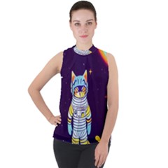 Cat Astronaut Space Retro Universe Mock Neck Chiffon Sleeveless Top by Bedest