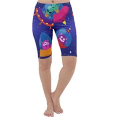 Cartoon Funny Aliens With Ufo Duck Starry Sky Set Cropped Leggings  by Ndabl3x