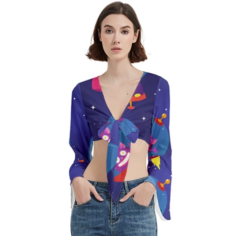 Cartoon Funny Aliens With Ufo Duck Starry Sky Set Trumpet Sleeve Cropped Top by Ndabl3x