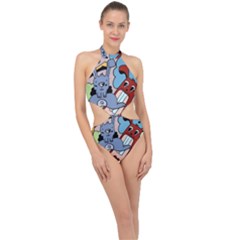 Graffiti Monster Street Theme Halter Side Cut Swimsuit by Bedest