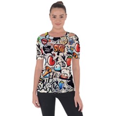 Comical Words Animals Comic Omics Crazy Graffiti Shoulder Cut Out Short Sleeve Top by Bedest