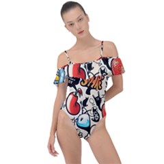 Comical Words Animals Comic Omics Crazy Graffiti Frill Detail One Piece Swimsuit by Bedest