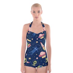 Seamless Pattern With Funny Aliens Cat Galaxy Boyleg Halter Swimsuit  by Hannah976