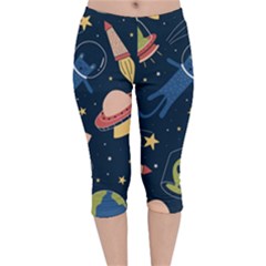 Seamless Pattern With Funny Aliens Cat Galaxy Velvet Capri Leggings  by Hannah976