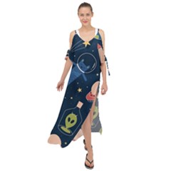 Seamless Pattern With Funny Aliens Cat Galaxy Maxi Chiffon Cover Up Dress by Hannah976