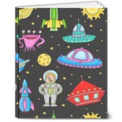 Seamless Pattern With Space Objects Ufo Rockets Aliens Hand Drawn Elements Space 8  X 10  Softcover Notebook by Hannah976