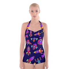 Space Patterns Boyleg Halter Swimsuit  by Hannah976