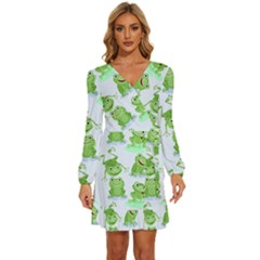 Cute Green Frogs Seamless Pattern Long Sleeve Waist Tie Ruffle Velvet Dress by Ravend