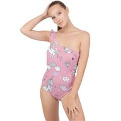 Cute Unicorn Seamless Pattern Frilly One Shoulder Swimsuit by Apen