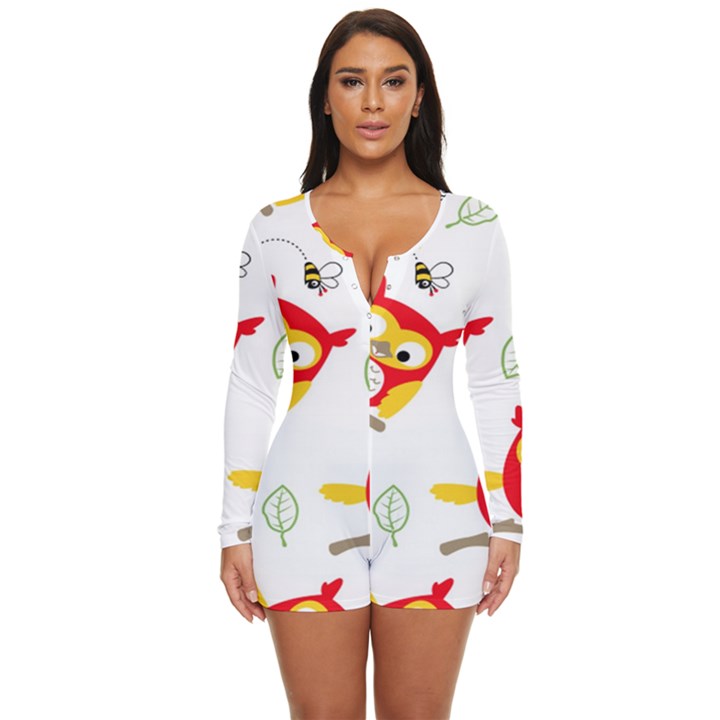 Seamless Pattern Vector Owl Cartoon With Bugs Long Sleeve Boyleg Swimsuit