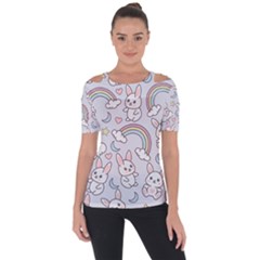 Seamless Pattern With Cute Rabbit Character Shoulder Cut Out Short Sleeve Top by Apen