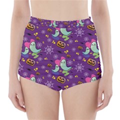 Pumpkin Ghost Skeleton Pattern High-waisted Bikini Bottoms by Jatiart