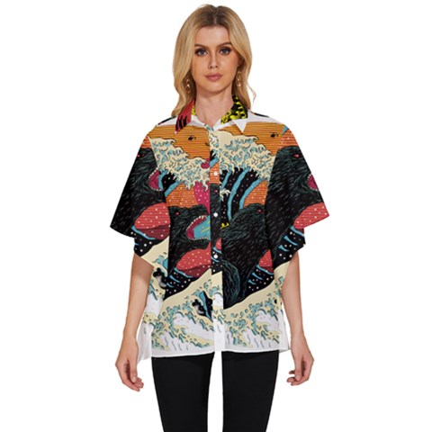 Retro Wave Kaiju Godzilla Japanese Pop Art Style Women s Batwing Button Up Shirt by Cendanart