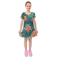 Green Tropical Leaves Kids  Short Sleeve Velvet Dress by Jack14