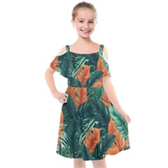 Green Tropical Leaves Kids  Cut Out Shoulders Chiffon Dress by Jack14