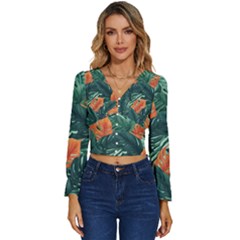 Green Tropical Leaves Long Sleeve V-neck Top by Jack14