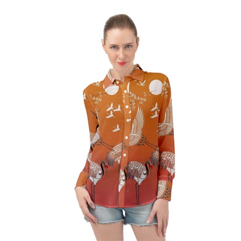 Japanese Crane Painting Of Birds Long Sleeve Chiffon Shirt by Cendanart