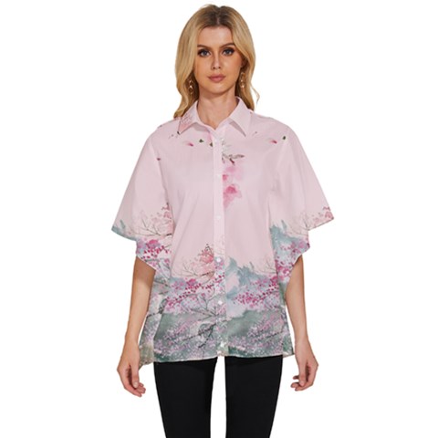 Pink Chinese Style Cherry Blossom Women s Batwing Button Up Shirt by Cendanart