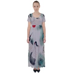 Japanese Crane Painting Of Bird High Waist Short Sleeve Maxi Dress by Cendanart