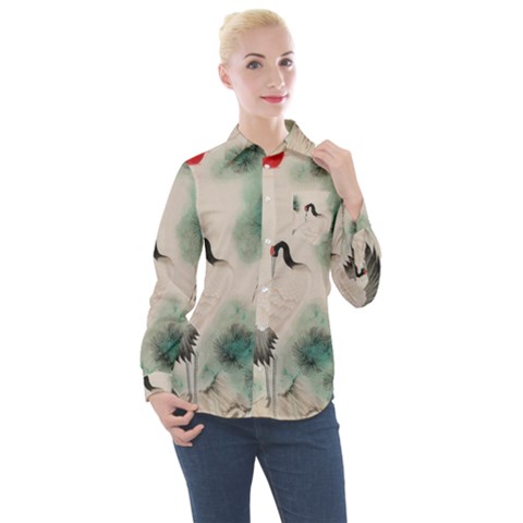 Japanese Crane Painting Of Bird Women s Long Sleeve Pocket Shirt by Cendanart