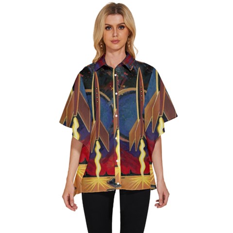 Rocket Painting Women s Batwing Button Up Shirt by Cendanart