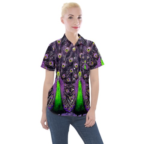 Peacock Bird Color Women s Short Sleeve Pocket Shirt by Cendanart