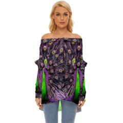 Peacock Bird Color Off Shoulder Chiffon Pocket Shirt by Cendanart