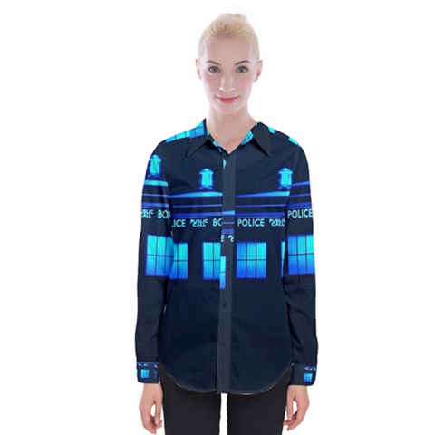 Blue Tardis Doctor Who Police Call Box Womens Long Sleeve Shirt by Cendanart