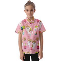 Corgi Bubble Boba Tea Pink Pattern Kids  Short Sleeve Shirt by Cendanart