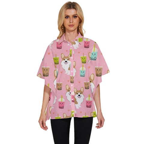 Corgi Bubble Boba Tea Pink Pattern Women s Batwing Button Up Shirt by Cendanart