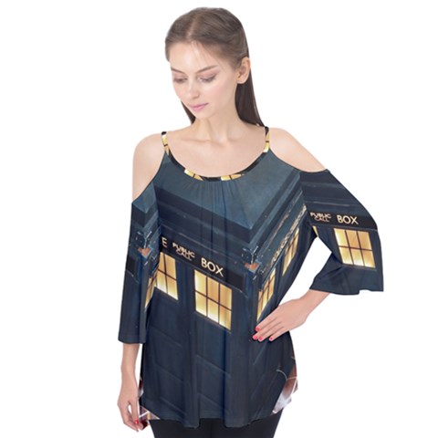 Tardis Bbc Doctor Who Dr Who Flutter Sleeve T-shirt  by Cendanart