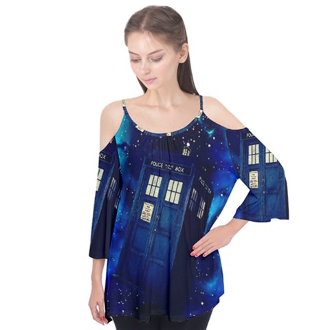 Tardis Doctor Who Space Galaxy Flutter Sleeve T-shirt  by Cendanart