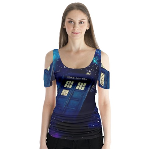 Tardis Doctor Who Space Galaxy Butterfly Sleeve Cutout T-shirt  by Cendanart