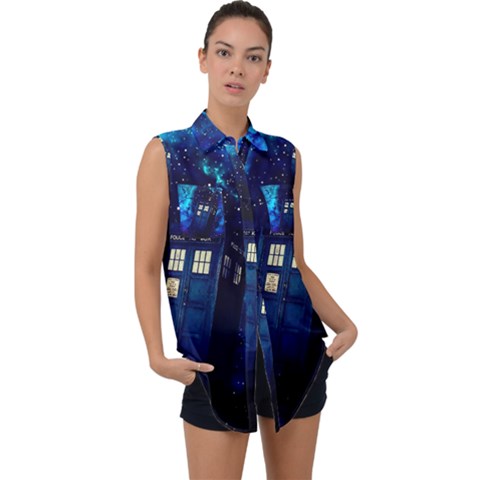 Tardis Doctor Who Space Galaxy Sleeveless Chiffon Button Shirt by Cendanart