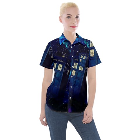 Tardis Doctor Who Space Galaxy Women s Short Sleeve Pocket Shirt by Cendanart