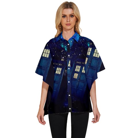 Tardis Doctor Who Space Galaxy Women s Batwing Button Up Shirt by Cendanart