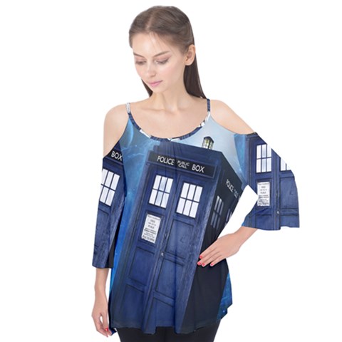 Tardis Doctor Who Space Blue Flutter Sleeve T-shirt  by Cendanart