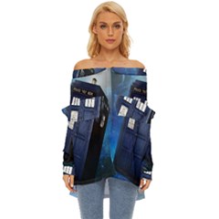 Tardis Doctor Who Space Blue Off Shoulder Chiffon Pocket Shirt by Cendanart