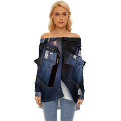 Tardis Doctor Who Planet Off Shoulder Chiffon Pocket Shirt by Cendanart