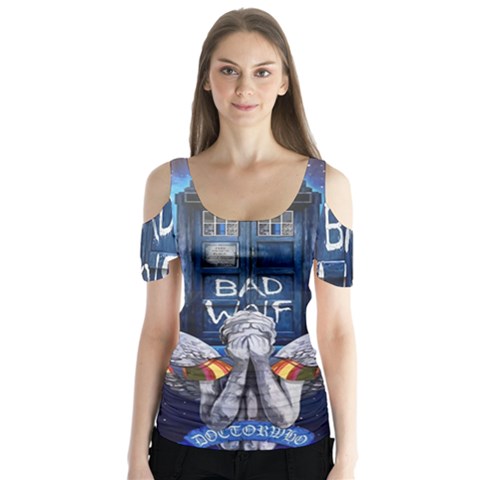 Doctor Who Adventure Bad Wolf Tardis Butterfly Sleeve Cutout T-shirt  by Cendanart