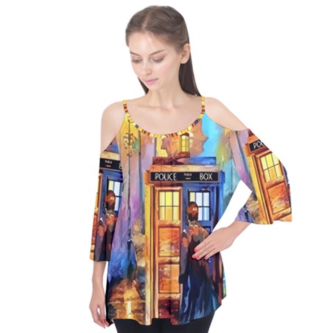 Tardis Doctor Who Paint Painting Flutter Sleeve T-shirt  by Cendanart