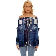 Bad Wolf Tardis Doctor Who Off Shoulder Chiffon Pocket Shirt by Cendanart