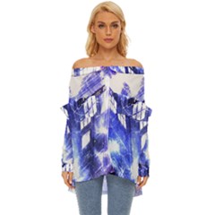 Tardis Doctor Who Blue Travel Machine Off Shoulder Chiffon Pocket Shirt by Cendanart