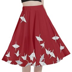 Red Sun Sea Waves Bird Japanese Art Minimalist A-line Full Circle Midi Skirt With Pocket by Bedest